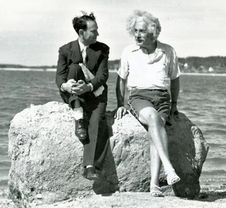 einstein sitting against a rock, sporting short shorts.